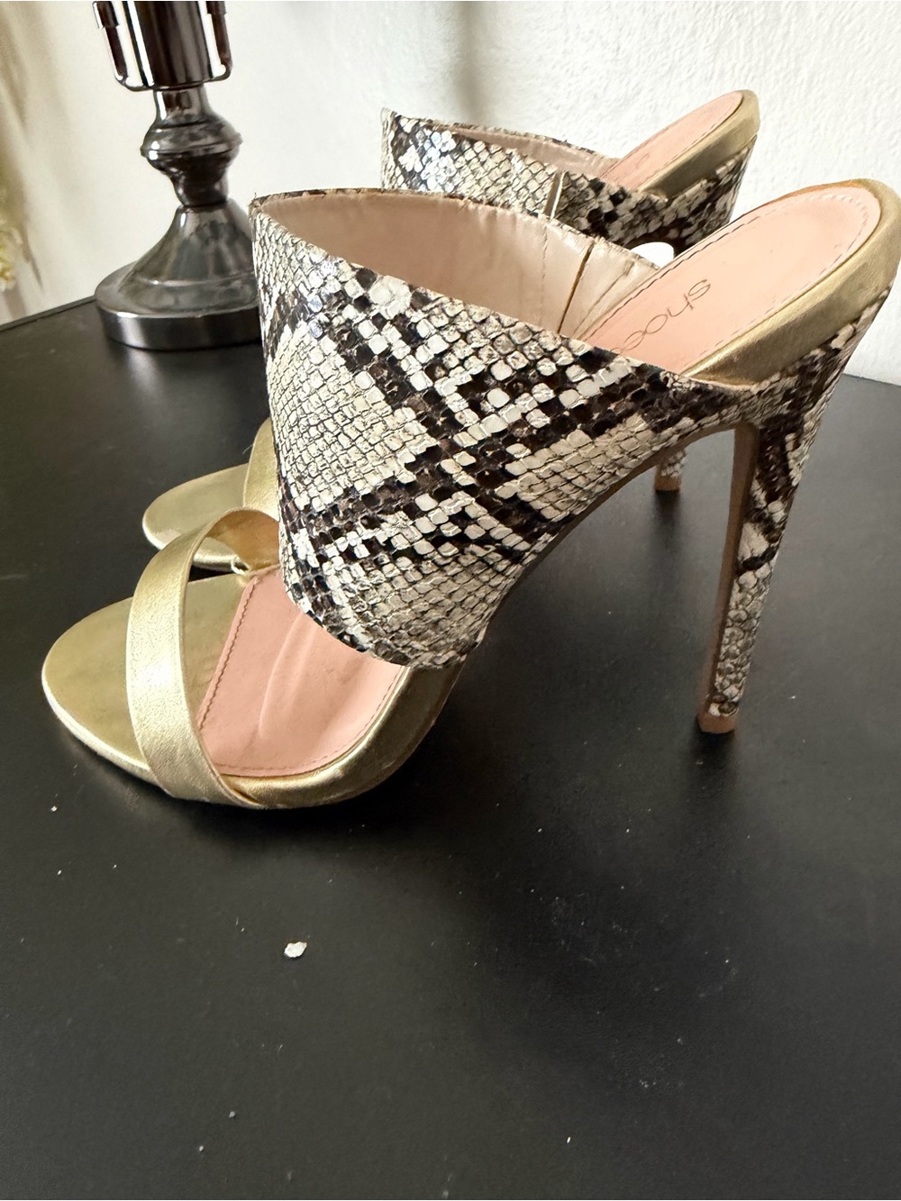 Snake-Print Gold High Heel Slide Sandals - Women